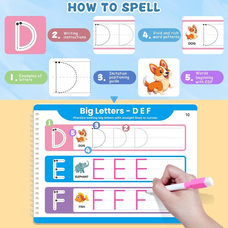Justification leftBC Preschool Dry Erase Learning Workbook for Kids Ages 3-5 – Reusable Tracing Book for Letters A-Z, Shapes & Lines – Use with Dry Erase Markers – Handwriting & Fine Motor Skills Practiceactice - Image 3